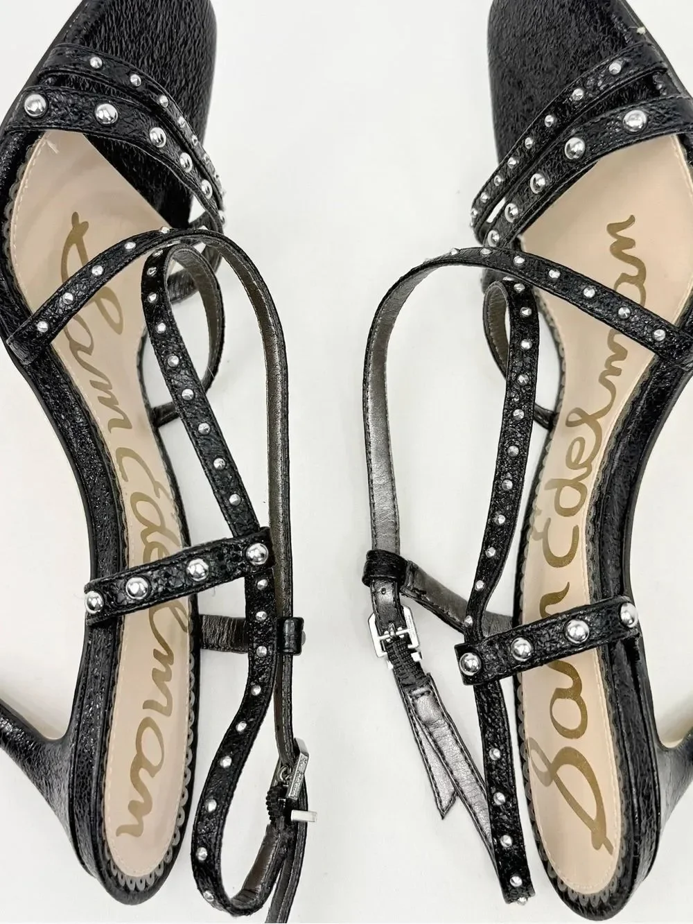 Sam Edelman LENNOX Black Glitter Silver Studded Strappy Open Toe Stiletto Heels